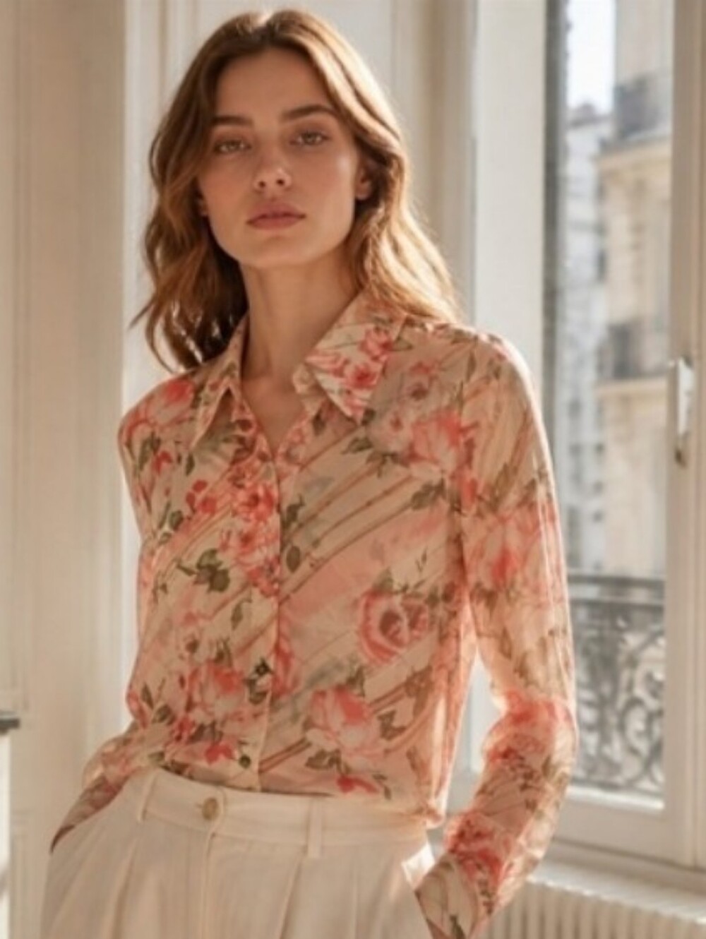 Floral Sheer Long-Sleeve Blouse in Peach Pink